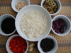 ingredients for simple balsamic olive and pepper rice pilaf recipe